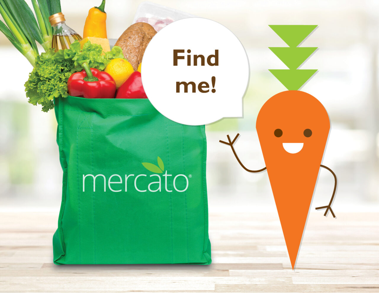 A carrot character named Crunchy with a word bubble that says, "Find me!" next to a shopping bag full of groceries that has a logo for Mercato