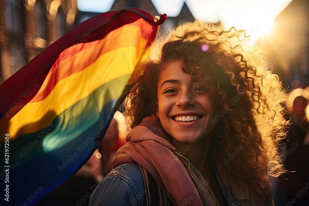 A person with curly hair smiles brightly in the sunlight, holding a rainbow LGBTQ+ pride flag. The background features blurry people and buildings, suggesting an outdoor celebration, possibly near the Whole Foods Coop Duluth.