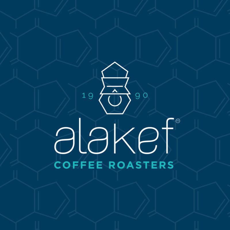 Blue and white logo of alakef coffee.