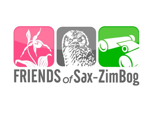 Logo of Friends of Sax-Zim Bog. The design features three square icons: a pink square with a flower, a gray square with an owl, and a green square with binoculars. The text "FRIENDS of Sax-Zim Bog" is shown below the icons in gray.
