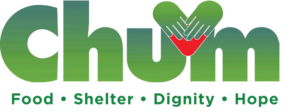 The image shows the CHUM logo, where the letter "u" is stylized as a heart with two hands forming it. Below the logo, the words "Food," "Shelter," "Dignity," and "Hope" are written with bullet points separating them. The color scheme is primarily green and red.