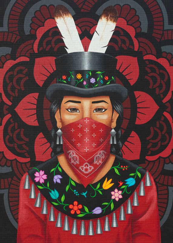 Native American painting of a woman with a mask and floral printed dress.