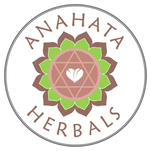 A circular logo with the text "ANAHATA HERBALS" around the top and bottom. In the center is a geometric design with a heart symbol inside, surrounded by brown and green petal shapes reminiscent of coffee leaves. The background of the logo is white, inspiring thoughts of cozy coffee in Duluth.