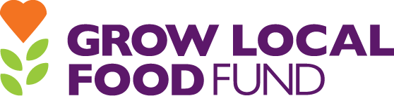Logo of Grow Local Food Fund featuring a stylized design with an orange heart atop three green leaves to the left, followed by the text 