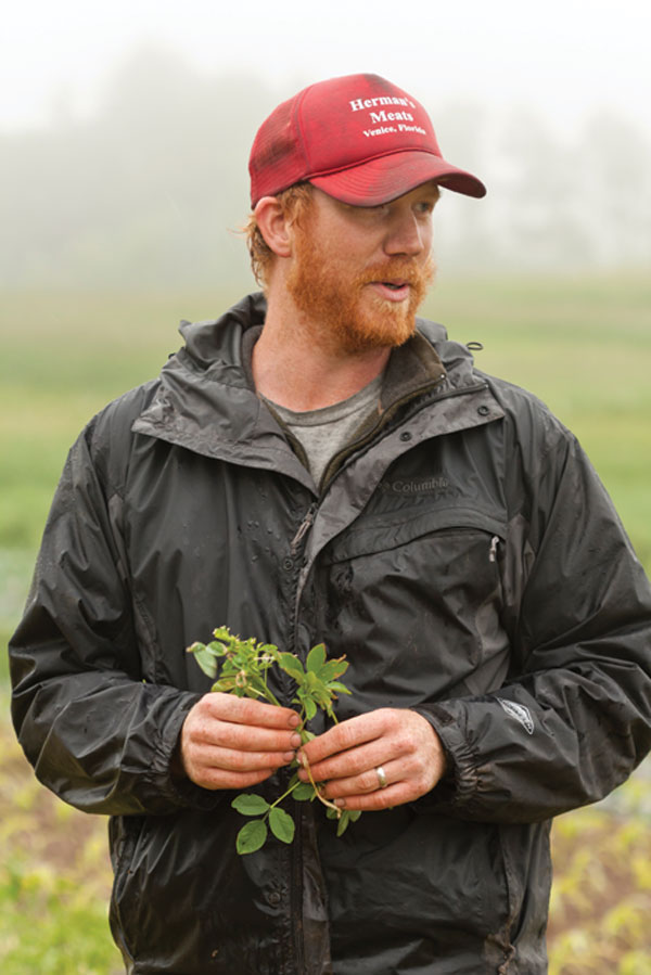 A man holding a plant in a field