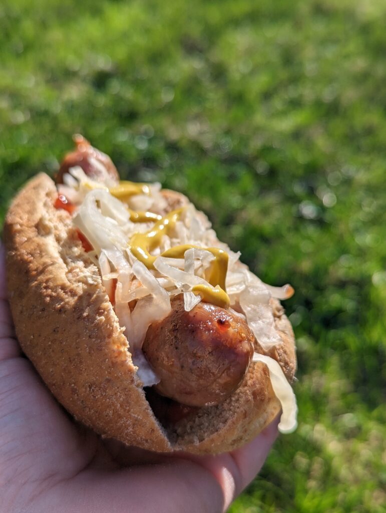 a brat with toppings.