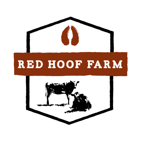 A hexagonal farm logo with a black outline. Inside, a brown banner with "Red Hoof Farm" in white letters spans across the middle. Above the banner, there's an image of a cow standing next to a calf. At the top inside the hexagon, a pair of brown hoof prints is depicted—perfectly capturing the rustic charm you’d find while enjoying coffee in Duluth.