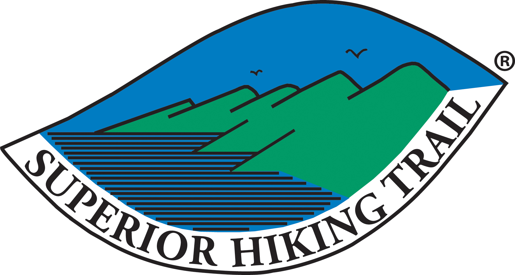 Logo of the Superior Hiking Trail featuring a stylized green and blue mountain range with two small birds flying in the sky above. The words "Superior Hiking Trail" are written in bold, black letters along the curved bottom edge of the logo—a perfect symbol for your next adventure after enjoying coffee in Duluth.