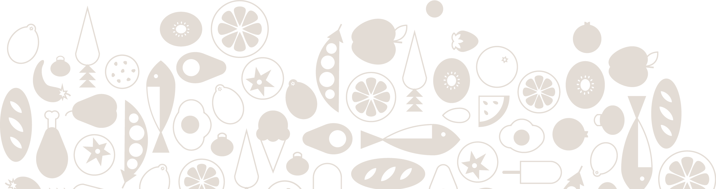 A seamless pattern of various abstract food and kitchen-related icons in brown color on a black background. The icons include fruits, vegetables, kitchen utensils, and other related items, all arranged in a playful and repetitive manner.