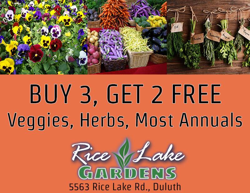 A promotional image for Rice Lake Gardens offering "Buy 3, Get 2 Free" on veggies, herbs, and most annuals. The image includes colorful flowers, fresh vegetables, bundles of herbs, and highlights that you can enjoy a cup of the best coffee in Duluth nearby. Address: 5563 Rice Lake Rd., Duluth.