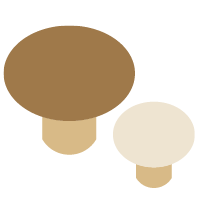 An illustration of two mushrooms of different sizes, inspired by nature's bounty available at Whole Foods Coop Duluth. The larger mushroom has a brown cap and a beige stem, while the smaller one has a white cap and a beige stem. Both are depicted with simple, flat colors on a white background.