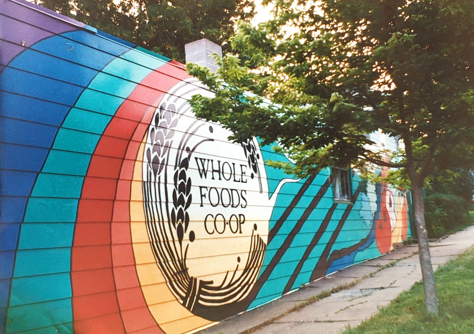 A bright, colorful mural with a circular "Whole Foods Coop Duluth MN" logo featuring wheat stalks is painted on the side of a building. Surrounding the logo are dynamic, curving lines in various shades of blue, green, and orange. There is a tree in front of the mural.