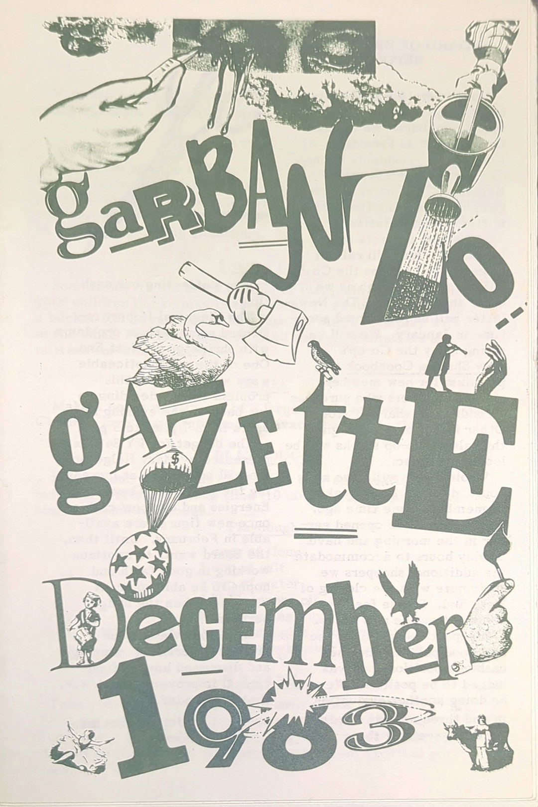 A collage-style cover features eclectic illustrations and varying font sizes. The words "Garbanzo Gazette December 1983" are creatively arranged among images like a hand holding a pen, a weightlifter, a star, and a paintbrush, capturing the vibrant spirit of Whole Foods Coop Duluth MN.