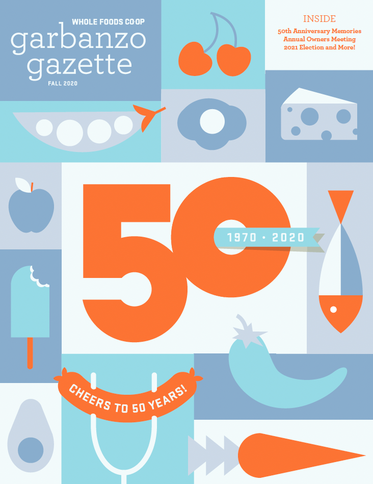 A colorful magazine cover titled "Whole Foods Coop Garbanzo Gazette Fall 2020." The cover, celebrating Whole Foods Coop Duluth MN's 50th anniversary (1970-2020), features the number "50" in orange and various food illustrations, including cherries, cheese, fish, ice cream, and veggies.