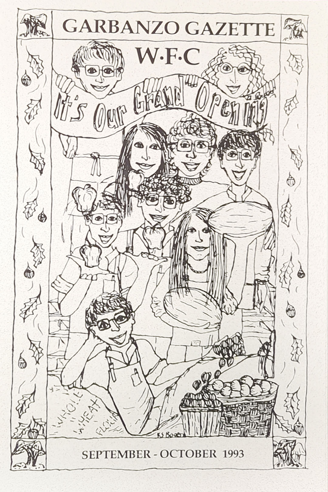 Black and white illustrated cover of "Garbanzo Gazette W.F.C" for September-October 1993. Eight people hold a banner stating "It's Our Grand Opening" amidst a festive border with holly leaves. Baskets of vegetables, representing Whole Foods Coop Duluth MN, are visible at the bottom right.