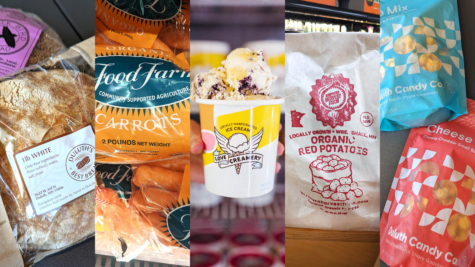 A collage of various food items, including bread, a bag of carrots, a cup of ice cream, a bag of potatoes, and a bag of cheese candy corn. Each item is packaged in branded packaging and displayed in its respective setting, such as a grocery store or an ice cream shop.