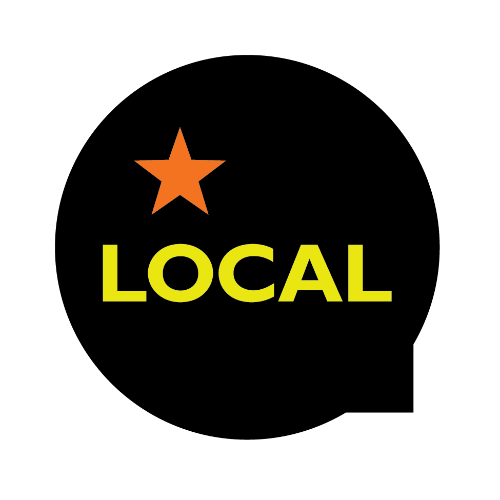 A black circle with an orange star at the top left and the word "LOCAL" in bold yellow letters centered below the star. The circle has a small triangular cutout on the lower right side.