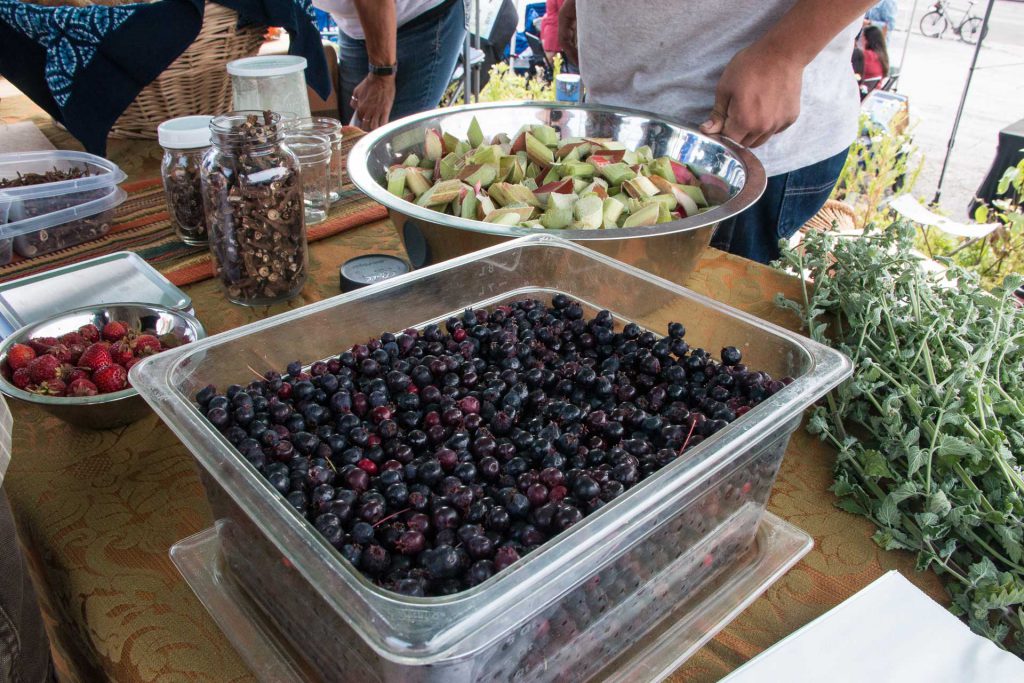 A market stall features a large container filled with dark-colored berries, a metal bowl of sliced apples, and various nuts and herbs displayed on the table. The vendor is partially visible in the background, wearing a grey shirt.