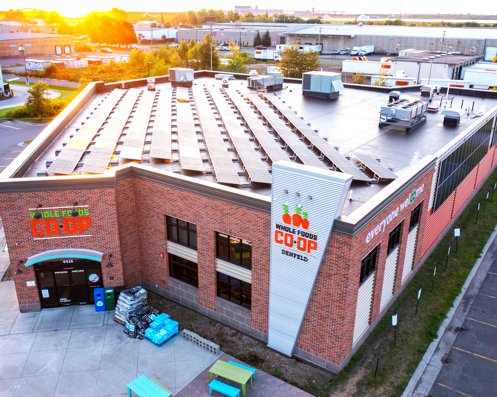 Brick building of the Denfeld Whole Foods store from an aerial view.