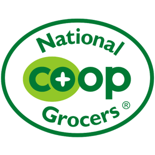 Logo of National Cooperative Grocers. It features a white oval with a green border. Inside, the word "coop" is prominently displayed in green lowercase letters with a green oval surrounding the "o" and a plus sign in the center. "National Grocers" arcs around the top and bottom.