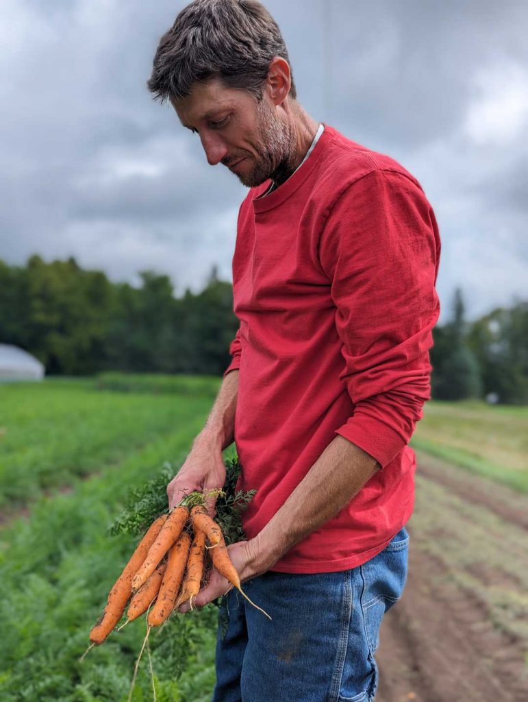 A man in a red long-sleeve shirt and blue jeans stands in a field holding a bunch of freshly harvested carrots with greenery attached. The sky is overcast, and the green field stretches out behind him. The atmosphere is calm and pastoral.