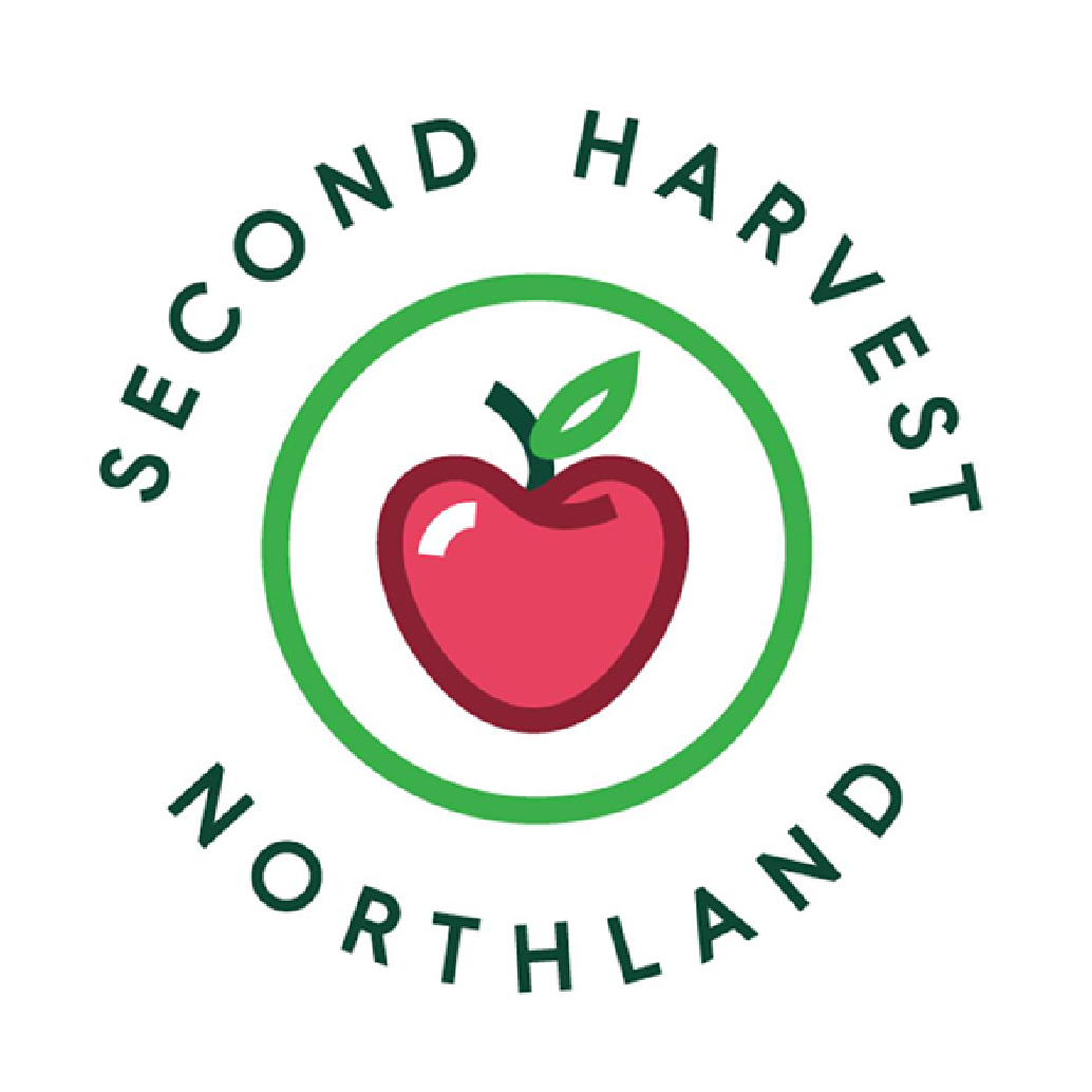 The logo features a red apple with a green leaf inside a green circle. The words "SECOND HARVEST" are arched at the top of the circle and "NORTHLAND" is arched at the bottom, all in green text. The background is white.
