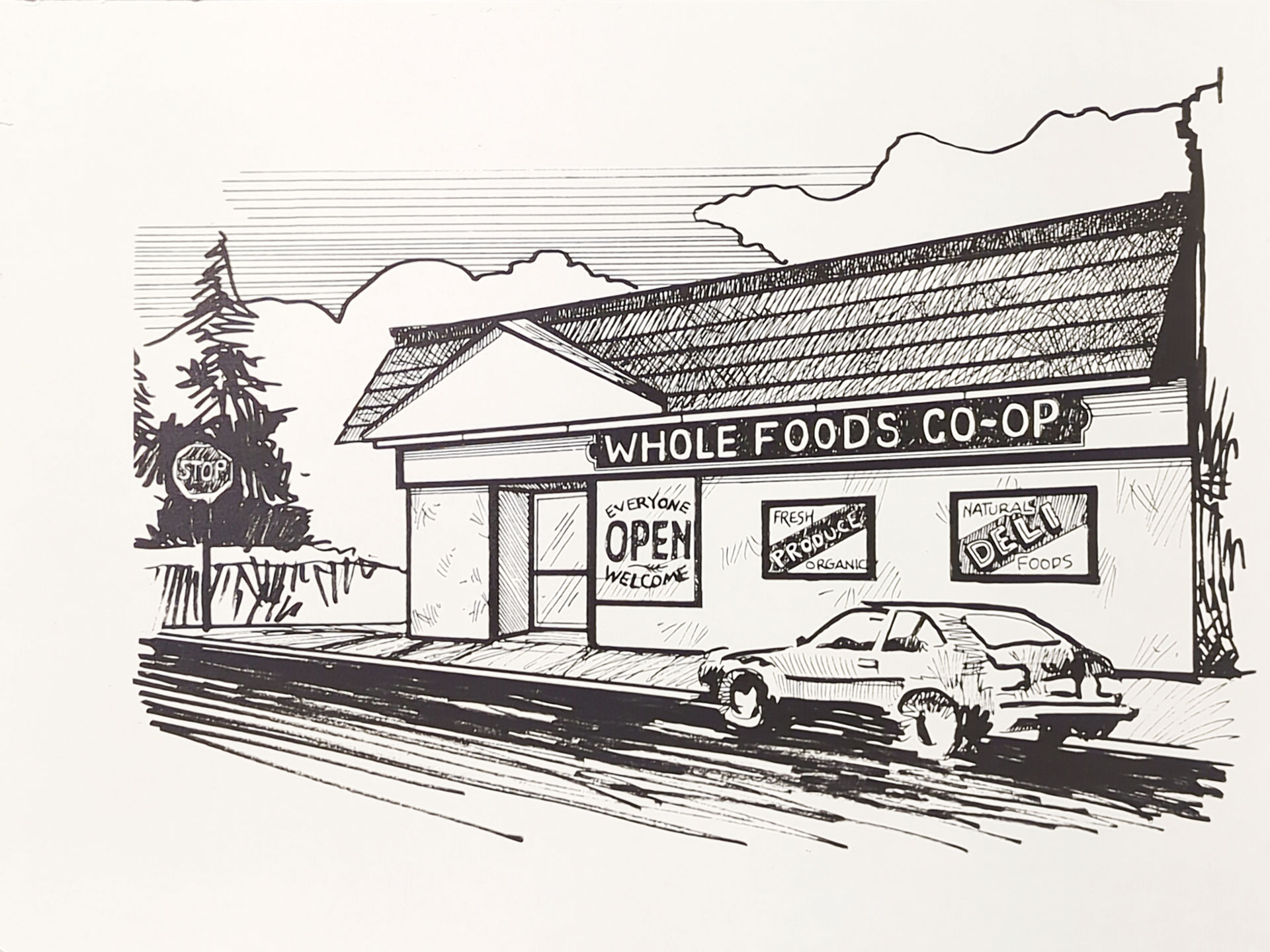 Black and white illustration of a small store labeled "Whole Foods Coop Duluth MN." Signs in the window read "Fresh Organic Produce," "Natural Foods," "Everyone Welcome," and "Open." A car is parked in front, and a stop sign is visible to the left of the building.