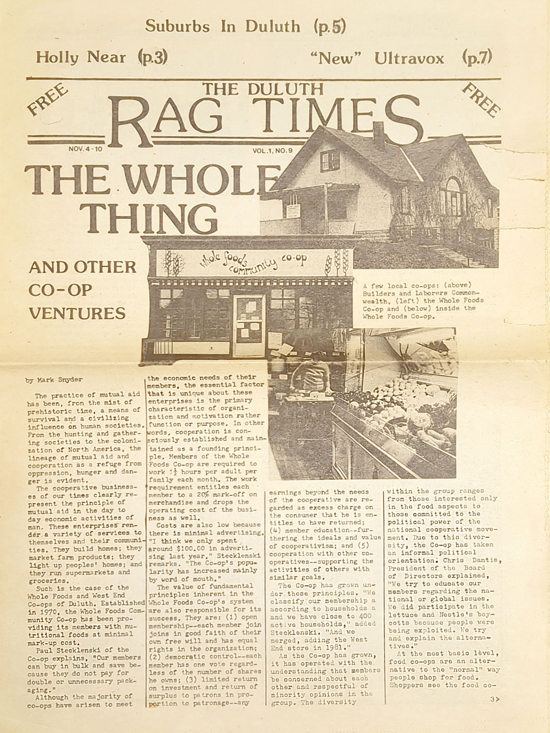 Black and white cover of "The Duluth Rag Times" issue from Nov. 4-10, featuring a photo of a co-op building, possibly the Whole Foods Coop Duluth MN, and text on "The Whole Thing and Other Co-Op Ventures." The page includes articles, photo captions, and headings for other sections such as Holly Near and Ultravox.