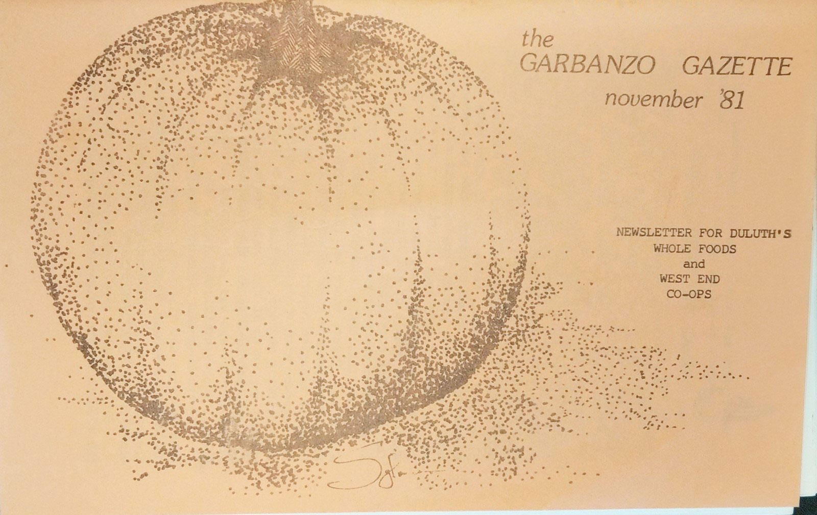 Newsletter titled "the GARBANZO GAZETTE november '81" with a dotted illustration of a large tomato on the left. Text on the right reads "NEWSLETTER FOR DULUTH'S WHOLE FOODS COOP and WEST END CO-OPS.