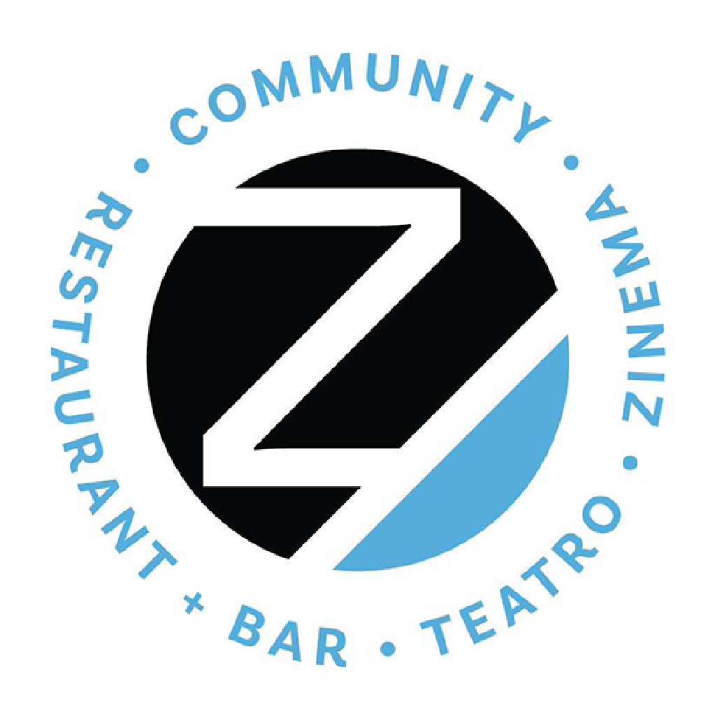 The image shows a logo with a stylized "Z" in the center of a black and light blue circle. Surrounding the circle are the words "Community," "Restaurant + Bar," "Teatro," and "Zinema" in blue, separated by small blue dots.