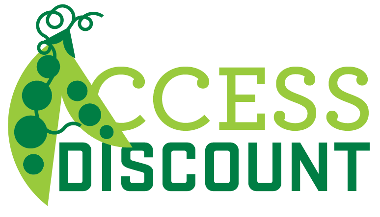 Logo of "Access Discount" featuring the text "ACCESS" in light green and "DISCOUNT" in dark green. The letter "A" is depicted as a green pea pod with swirls and peas, adding a decorative element to the design.