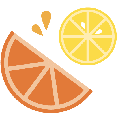 Illustration of a halved orange slice next to a full slice of lemon. The orange slice is colored in shades of orange, while the lemon slice is bright yellow. Two small orange droplets are depicted above the orange slice, reminiscent of the vibrant produce found at Whole Foods Coop Duluth.