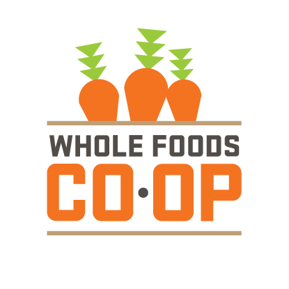 Logo of Whole Foods Co-Op. It features three stylized orange carrots with green tops above the text "WHOLE FOODS CO·OP" in uppercase letters, where "WHOLE FOODS" is in grey and "CO·OP" is in orange. The design is minimalist with clean lines.