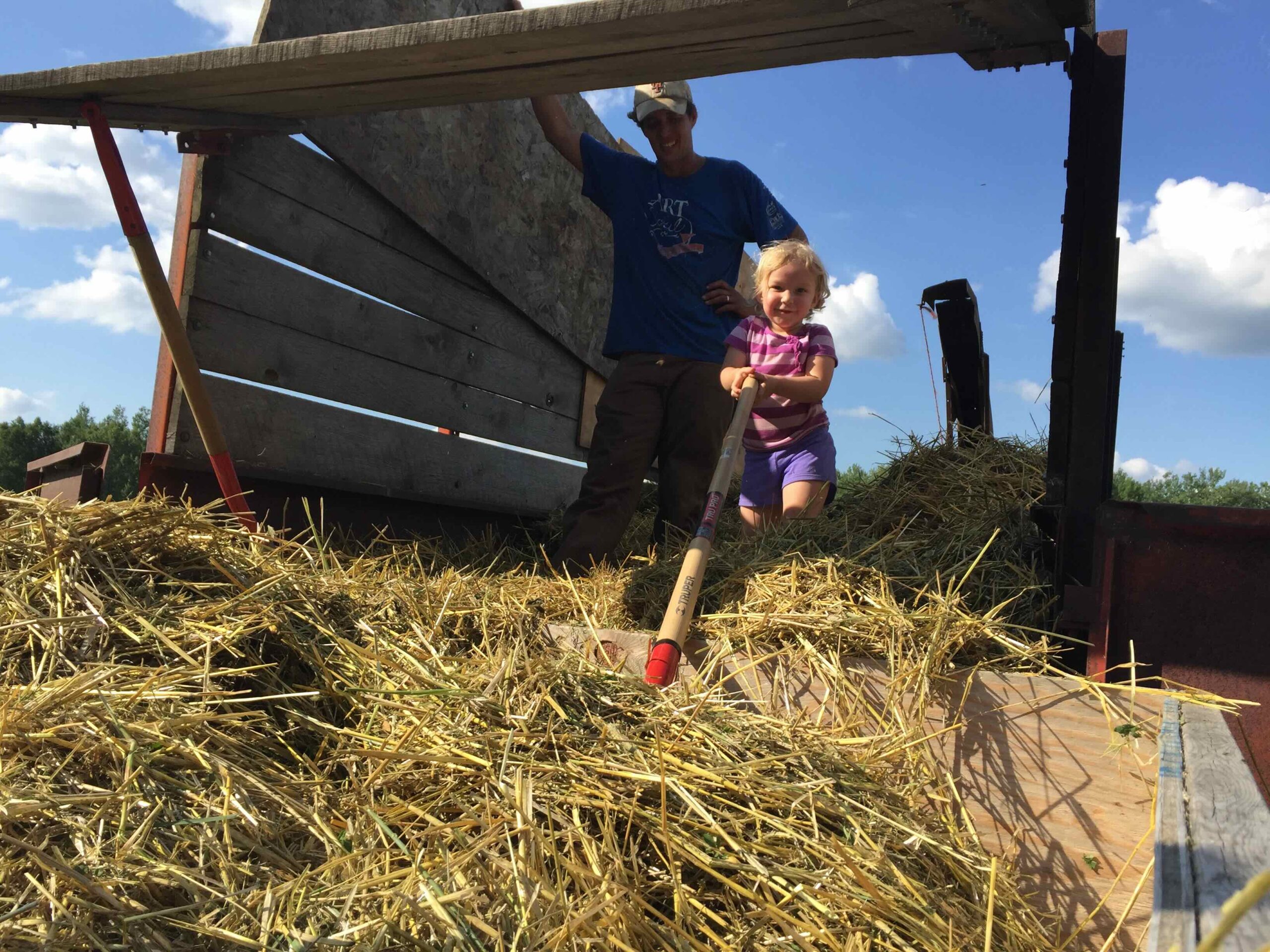 Adam Kemp and his daughter raking straw