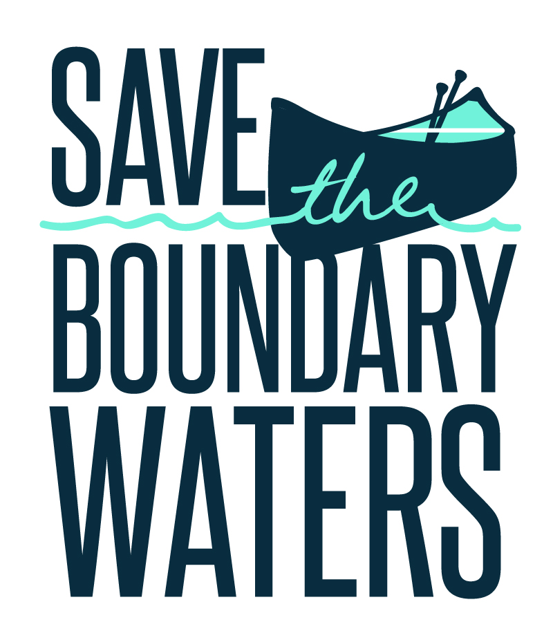Logo with the text "Save the Boundary Waters" in bold dark letters. The word "the" is written in light blue cursive, positioned above a silhouette of a canoe with two paddles. A wavy line underlines "Save the" and visually represents water.