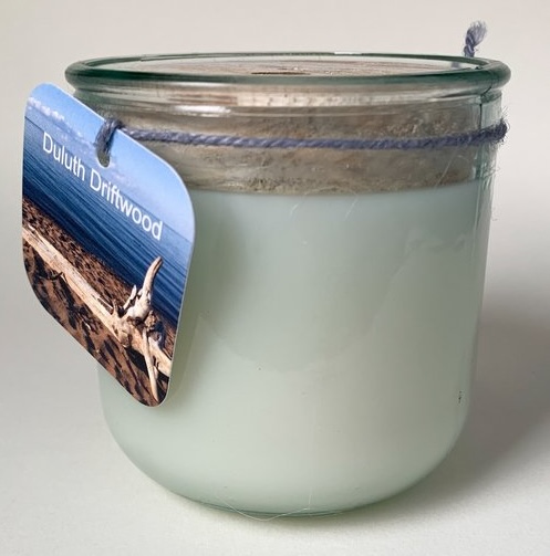 Hill Farm Candle with tag that reads, "Duluth Driftwood."