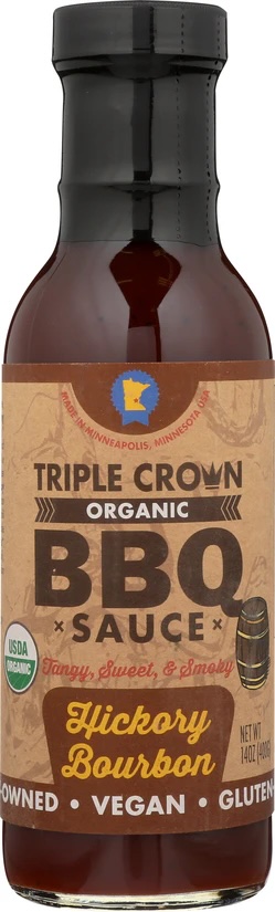Bottle of Triple Crown BBQ Sauce, Hickory Bourbon flavor.