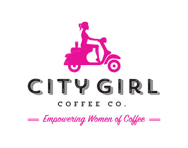 City Girl Coffee logo. Pink icon of woman riding a motorized scooter with a to-go coffee cup on the back. Text reads, "City Girl Coffee Co. Empowering Women of Coffee."