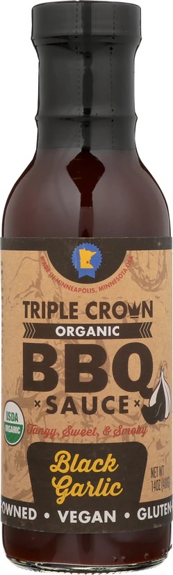 Bottle of Triple Crown BBQ Sauce, Black Garlic flavor.
