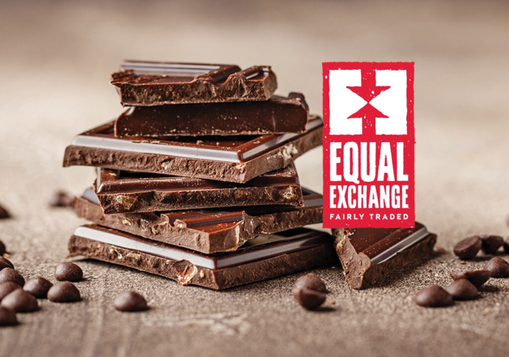 Stack of chocolate squares with Equal Exchange logo