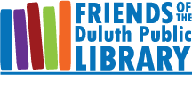 A logo featuring the text "Friends of the Duluth Public Library" in blue. To the left, five vertical book-like shapes in red, purple, blue, orange, and green are arranged to resemble books on a shelf.
