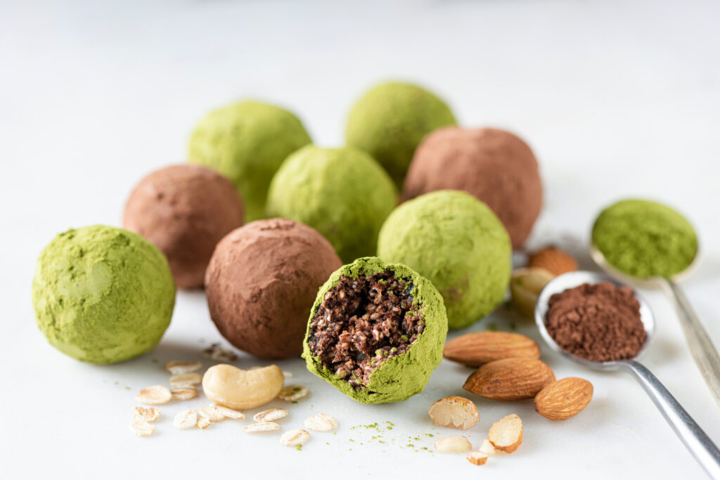 Vegan Chocolate Date Truffles With Green Tea Matcha Powder And Nuts