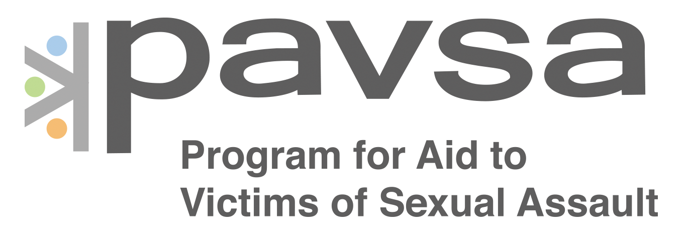 Logo for PAVSA (Program for Aid to Victims of Sexual Assault). The design features the acronym "pavsa" in large, bold, grey lowercase letters, with the full name of the organization in smaller text below, and a symbol with multicolored dots on the left.