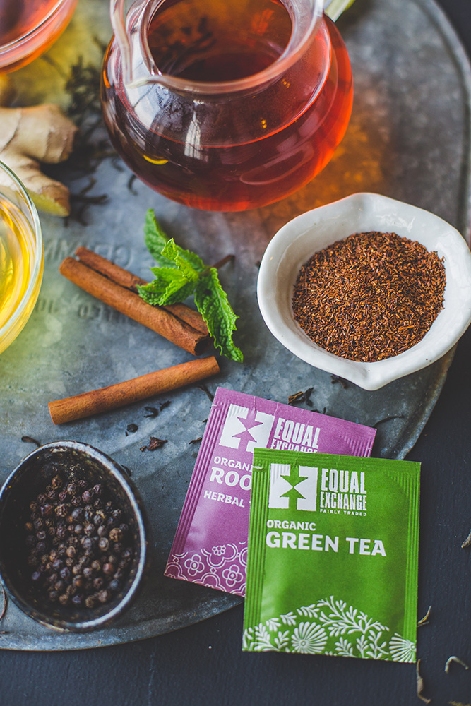 Equal Exchange tea bag packets - organic Rooibos and Green Tea.