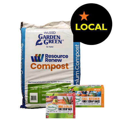A large bag of Resource Renew Compost with two boxes of BioBag compostable food scraps bags, sizes small and tall.