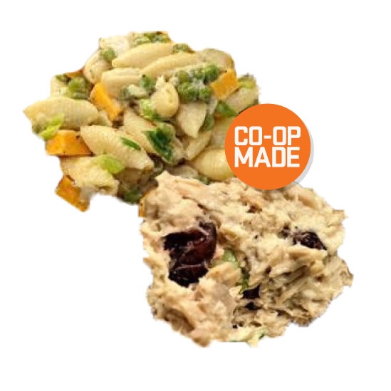 Pasta salad and cranberry tuna salad with Co-op Made logo.