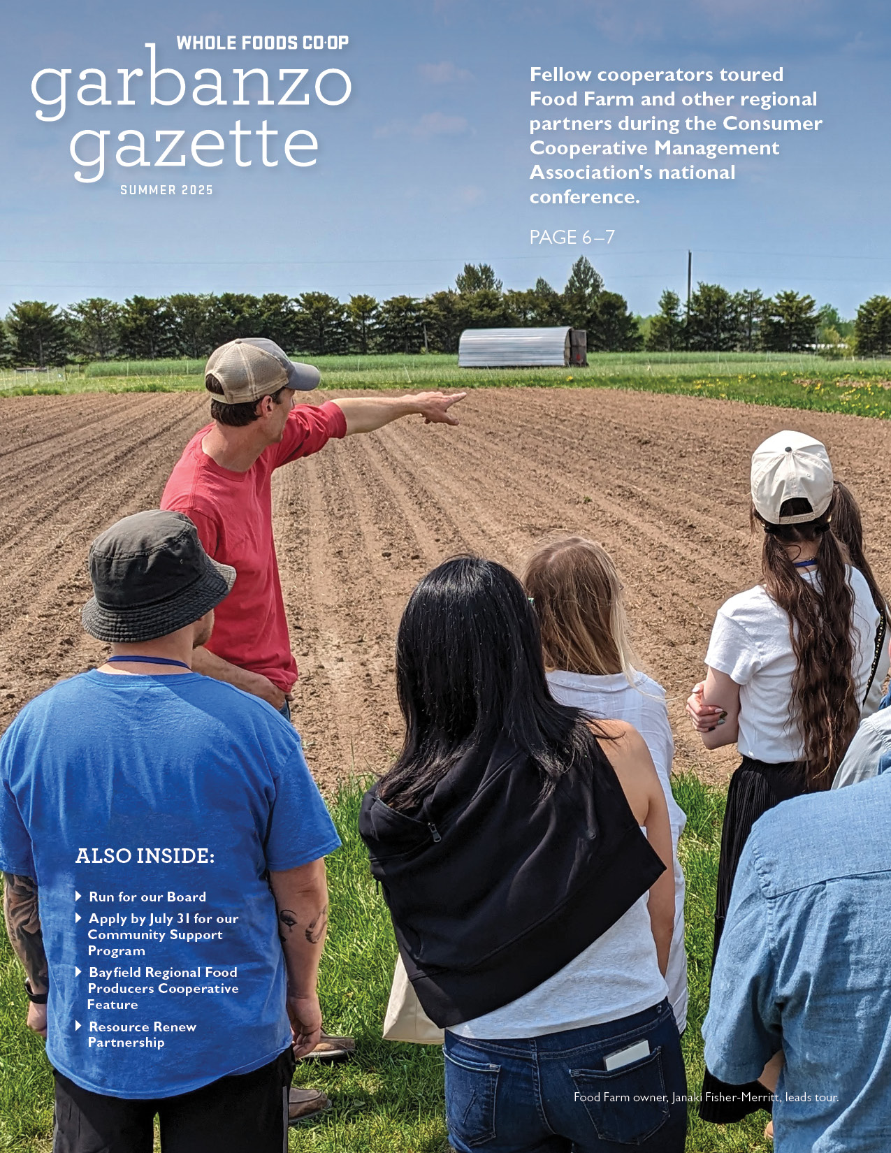 Cover of the Summer 2025 Garbanzo Gazette. Cover features a local farmer pointing to a field as a group of people gather around him.