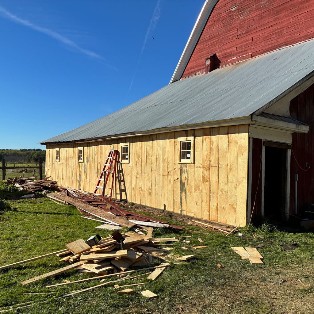 Hoop Snake's barn being repaired with wood planks.