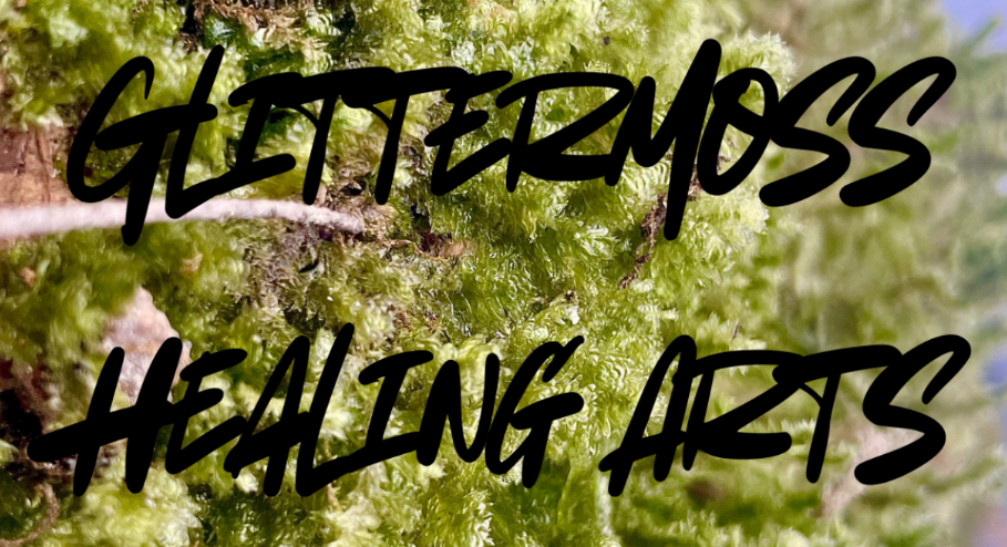 GlitterMoss Healing Arts Logo in Black on a mossy green background.